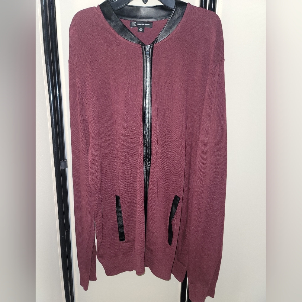 Men's INC Maroon Zip-Up Sweater with Black Faux Leather Trim Size XL